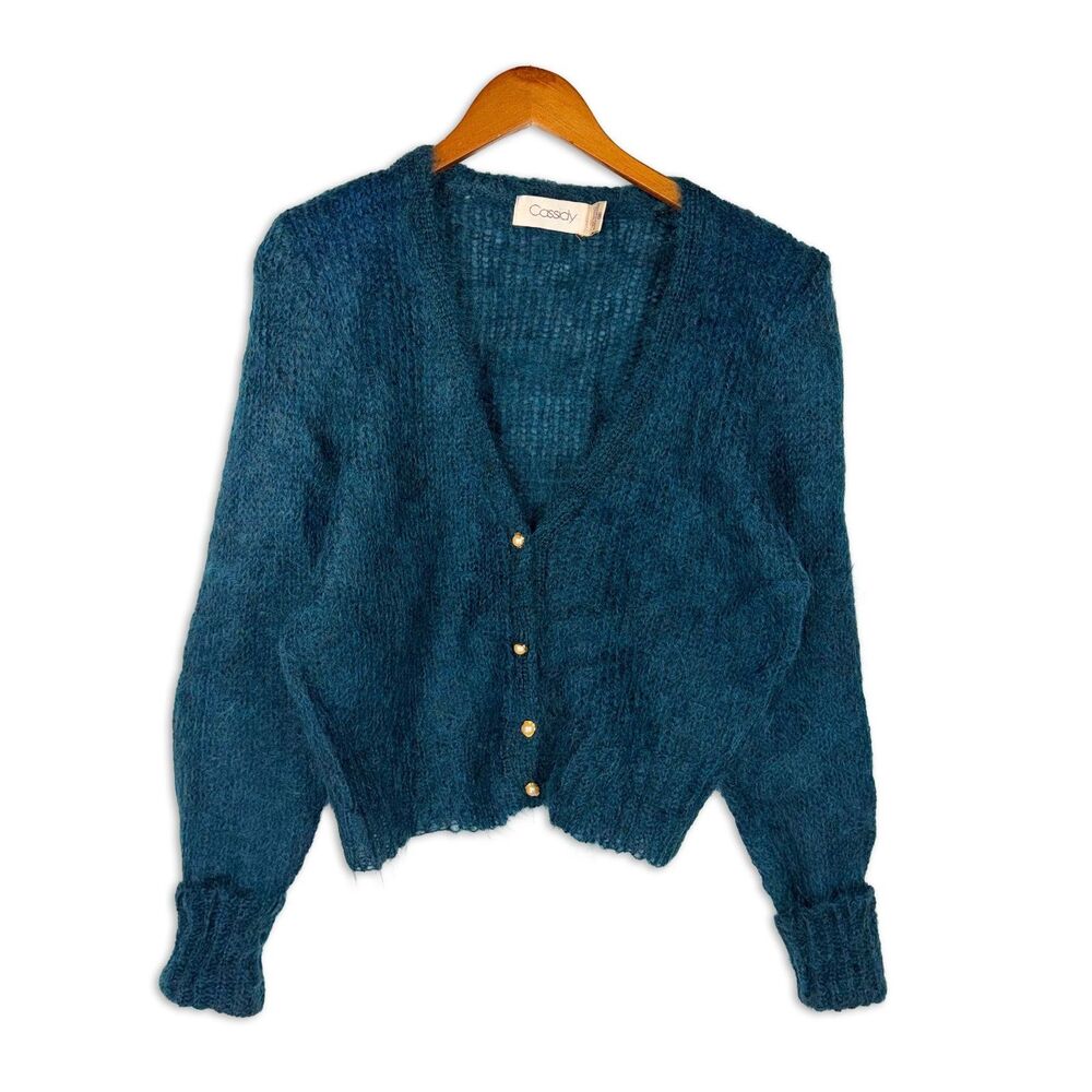 Vintage Mohair Blend Cardigan Teal Fuzzy Pearl Button Cottagecore Sweater M